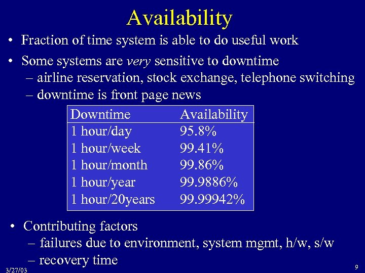 Availability • Fraction of time system is able to do useful work • Some