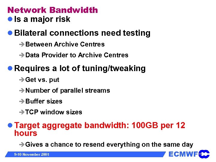 Network Bandwidth Is a major risk Bilateral connections need testing Between Archive Centres Data