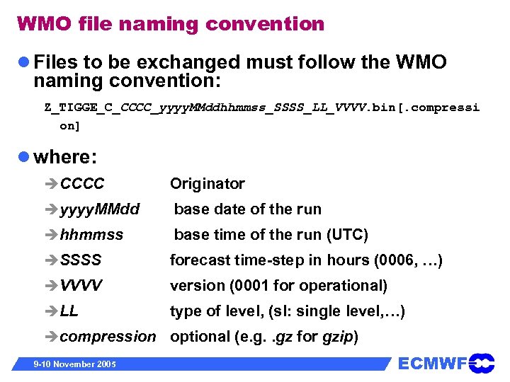 WMO file naming convention Files to be exchanged must follow the WMO naming convention: