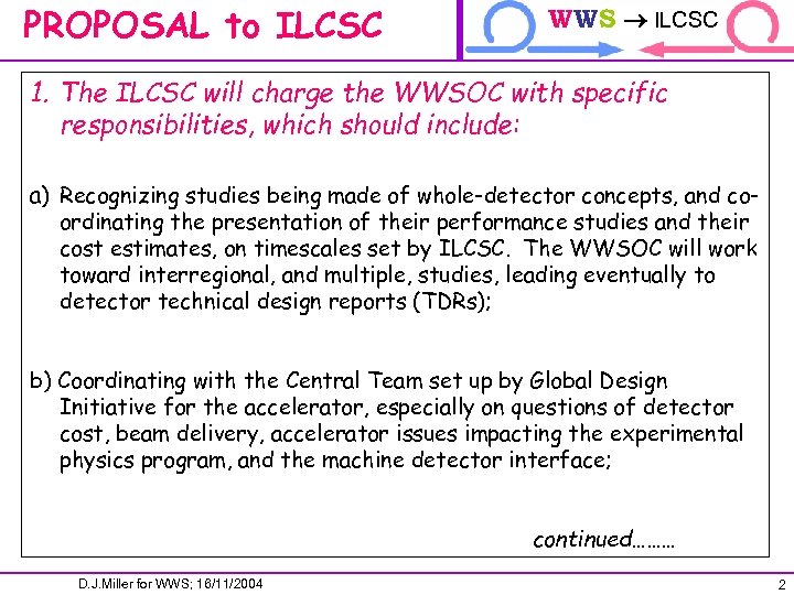 PROPOSAL to ILCSC WWS ILCSC ILCTRP 1. The ILCSC will charge the WWSOC with