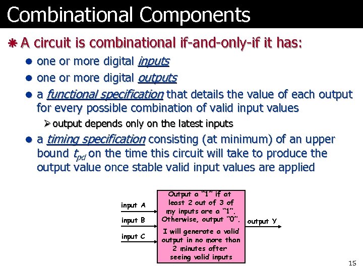 Combinational Components ã A circuit is combinational if-and-only-if it has: l one or more