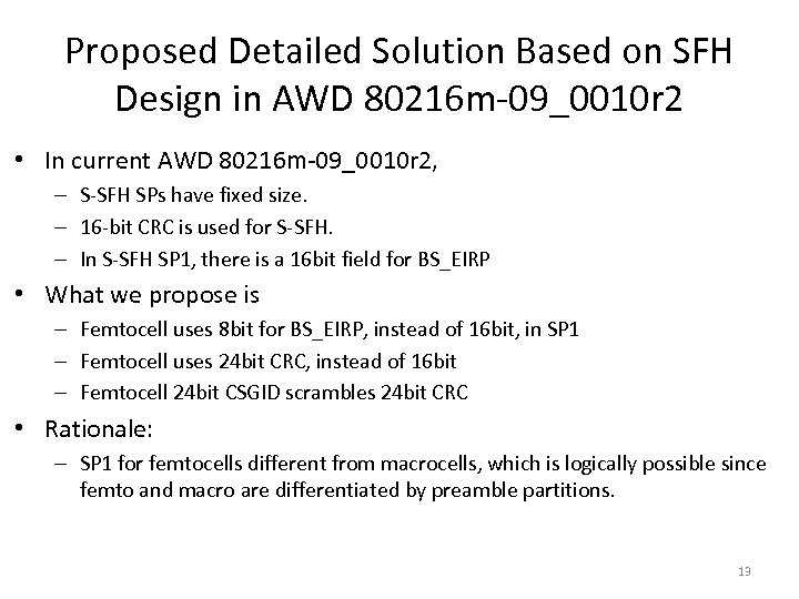 Proposed Detailed Solution Based on SFH Design in AWD 80216 m-09_0010 r 2 •