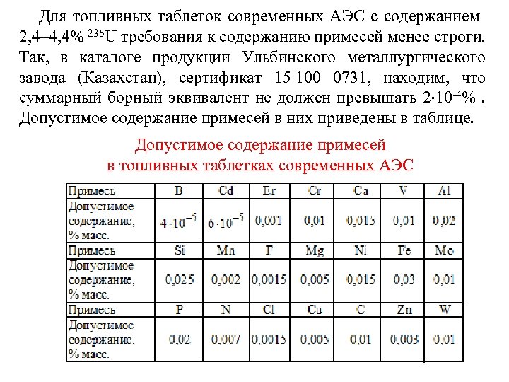 Для топливных таблеток современных АЭС с содержанием 2, 4– 4, 4% 235 U требования