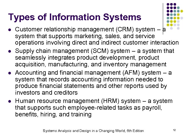 Types of Information Systems l l Customer relationship management (CRM) system – a system