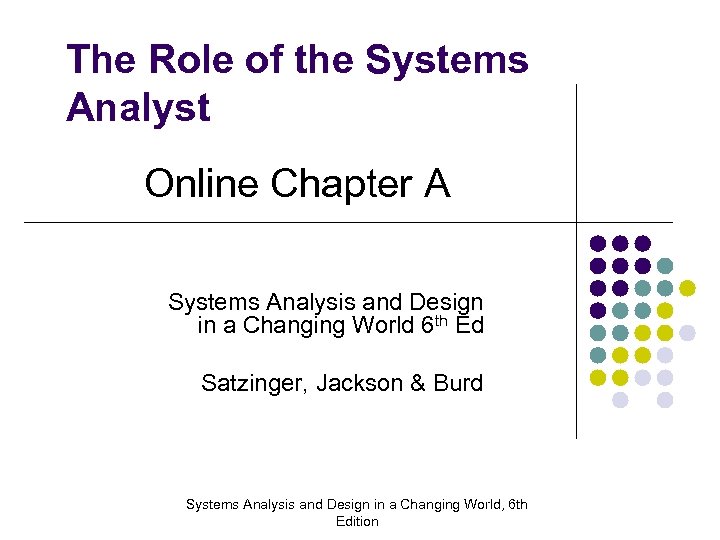 The Role of the Systems Analyst Online Chapter A Systems Analysis and Design in