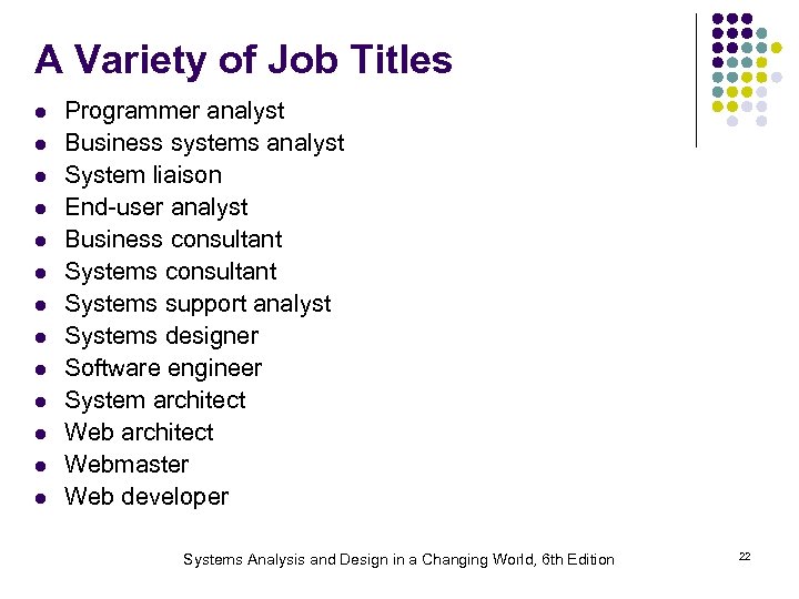 A Variety of Job Titles l l l l Programmer analyst Business systems analyst