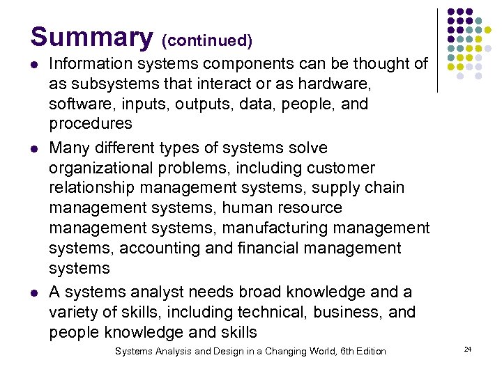 Summary (continued) l l l Information systems components can be thought of as subsystems