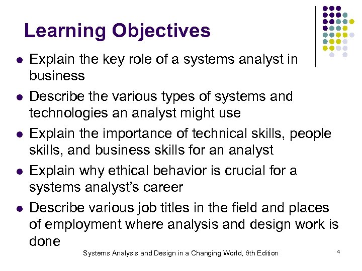 Learning Objectives l l l Explain the key role of a systems analyst in