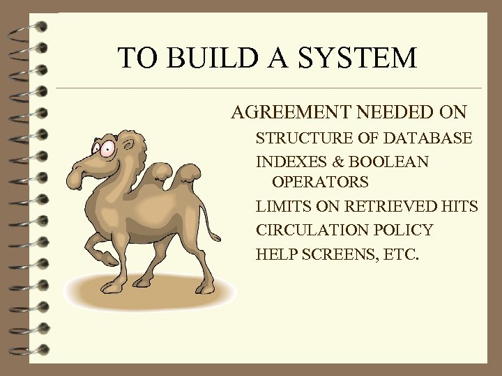 TO BUILD A SYSTEM AGREEMENT NEEDED ON STRUCTURE OF DATABASE INDEXES & BOOLEAN OPERATORS