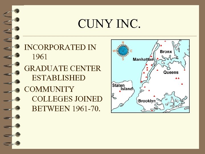 CUNY INCORPORATED IN 1961 GRADUATE CENTER ESTABLISHED COMMUNITY COLLEGES JOINED BETWEEN 1961 -70. 