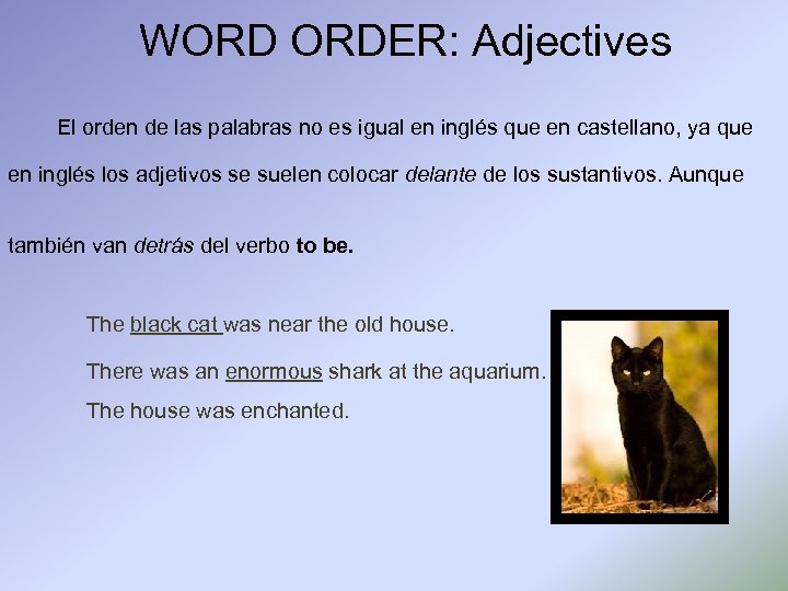 WORD ORDER: Adjectives El orden de las palabras no es igual en inglés que