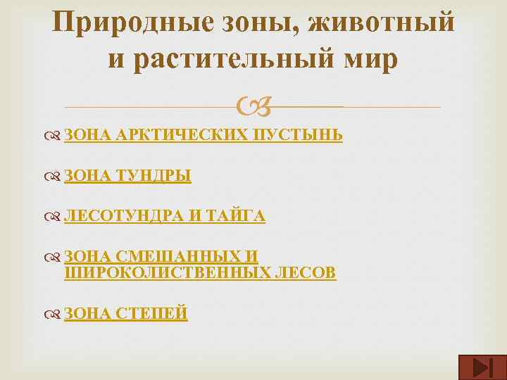 Природные зоны, животный и растительный мир ЗОНА АРКТИЧЕСКИХ ПУСТЫНЬ ЗОНА ТУНДРЫ ЛЕСОТУНДРА И ТАЙГА