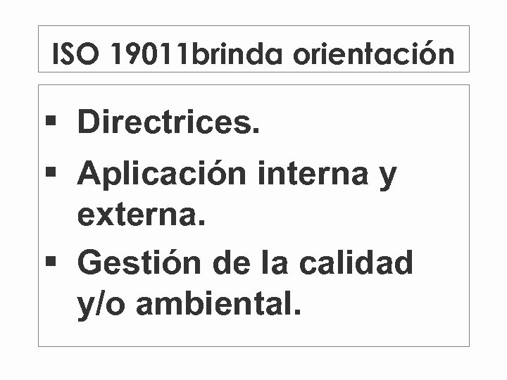 ISO 19011 brinda orientación § Directrices. § Aplicación interna y externa. § Gestión de