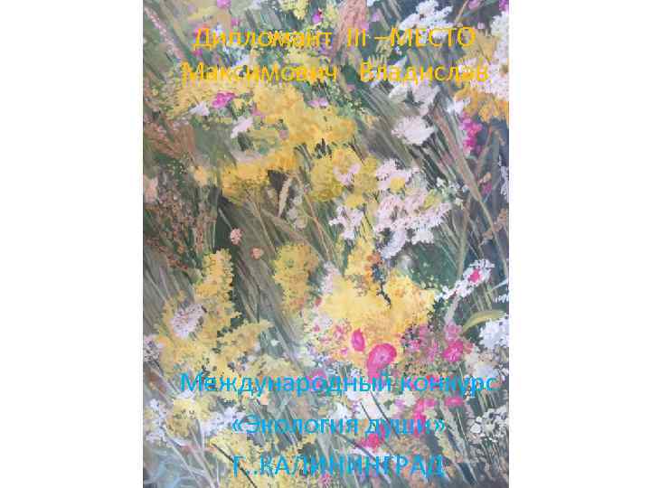 Дипломант III –МЕСТО Максимович Владислав Международный конкурс «Экология души» Г. . КАЛИНИНГРАД 