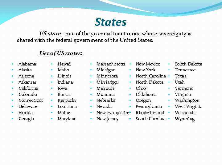 States US state - one of the 50 constituent units, whose sovereignty is shared
