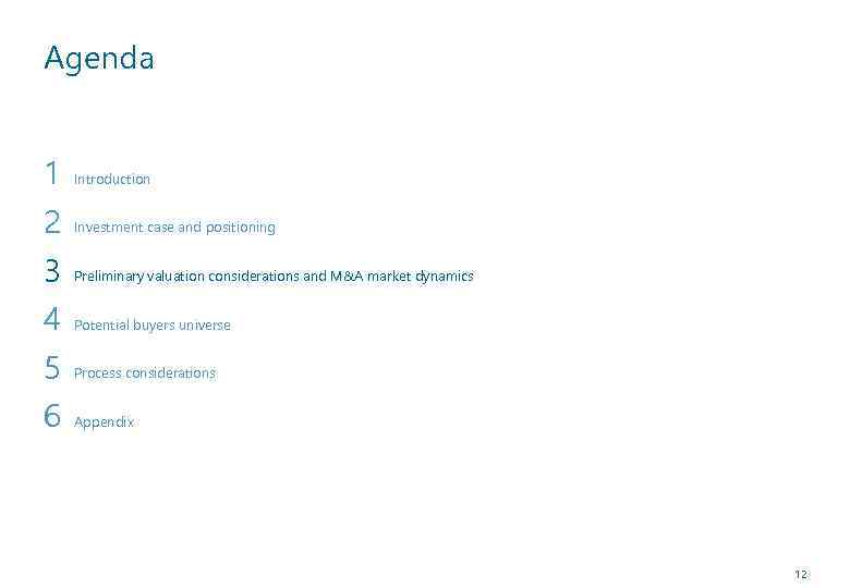 Agenda 1 2 3 4 5 6 Introduction Investment case and positioning Preliminary valuation