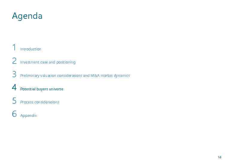 Agenda 1 2 3 4 5 6 Introduction Investment case and positioning Preliminary valuation