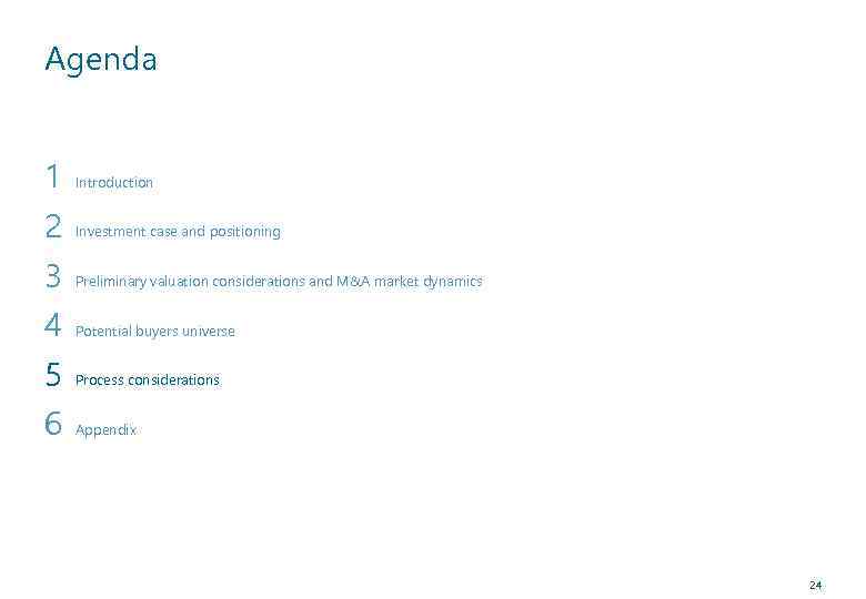 Agenda 1 2 3 4 5 6 Introduction Investment case and positioning Preliminary valuation
