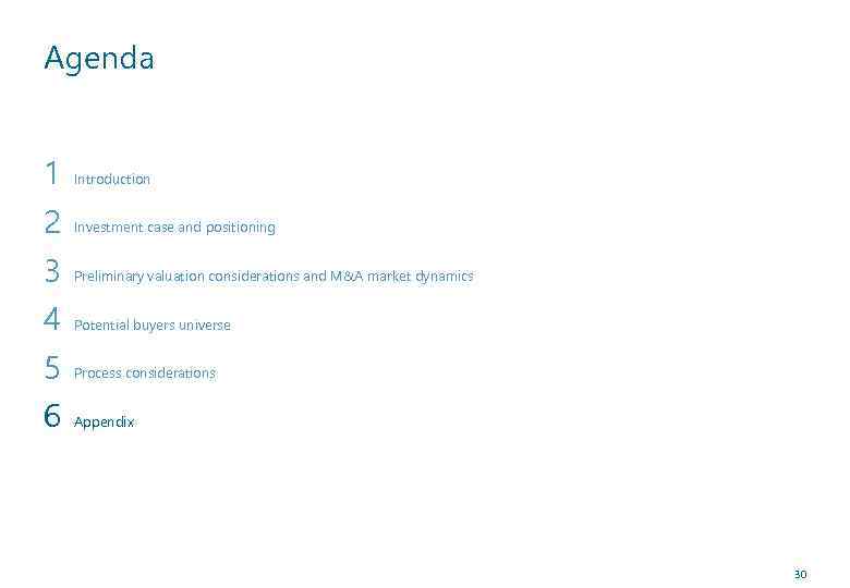 Agenda 1 2 3 4 5 6 Introduction Investment case and positioning Preliminary valuation