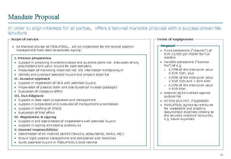 Mandate Proposal In order to align interests for all parties, offers a tailored mandate