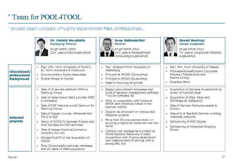 ’ Team for POOL 4 TOOL ’ project team consists of highly experienced M&A