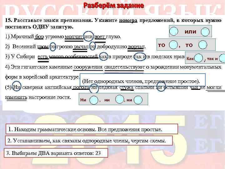 Разберём задание 15. Расставьте знаки препинания. Укажите номера предложений, в которых нужно поставить ОДНУ