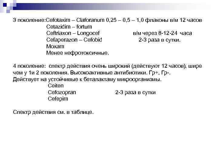 3 поколение: Cefotaxim – Claforanum 0, 25 – 0, 5 – 1, 0 флаконы