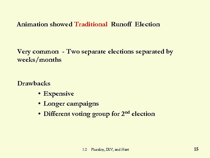 Animation showed Traditional Runoff Election Very common - Two separate elections separated by weeks/months
