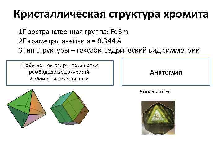 Кристаллическая структура хромита 1 Пространственная группа: Fd 3 m 2 Параметры ячейки a =