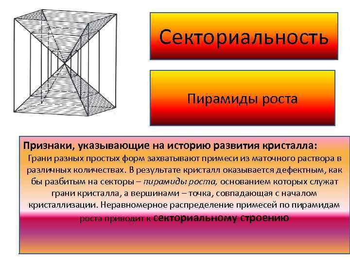 Секториальность Пирамиды роста Признаки, указывающие на историю развития кристалла: Грани разных простых форм захватывают