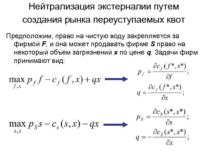 Нейтрализация экстерналии путем создания рынка переуступаемых квот Предположим, право на чистую воду закрепляется за