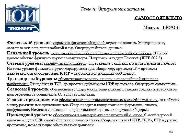 Тема 3. Открытые системы. САМОСТОЯТЕЛЬНО Модель ISO/OSI Физический уровень: управляет физической средой передачи данных.