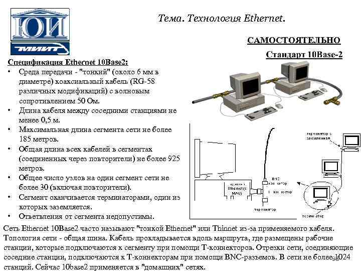 Тема. Технология Ethernet. САМОСТОЯТЕЛЬНО Спецификация Ethernet 10 Base 2: • Среда передачи 
