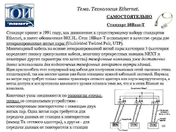 Тема. Технология Ethernet. САМОСТОЯТЕЛЬНО Стандарт 10 Base-Т Стандарт принят в 1991 году, как дополнение