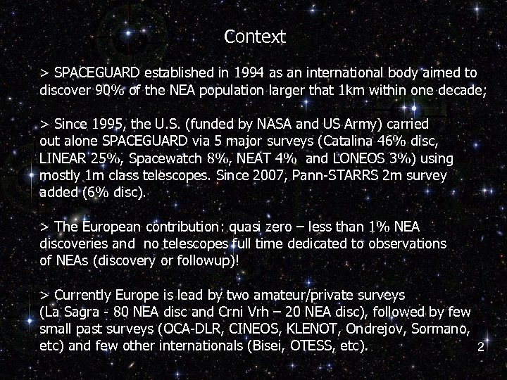 Context > SPACEGUARD established in 1994 as an international body aimed to discover 90%