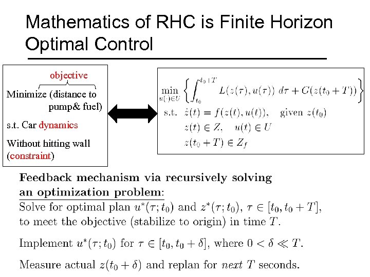 Mathematics of RHC is Finite Horizon Optimal Control objective Minimize (distance to pump& fuel)