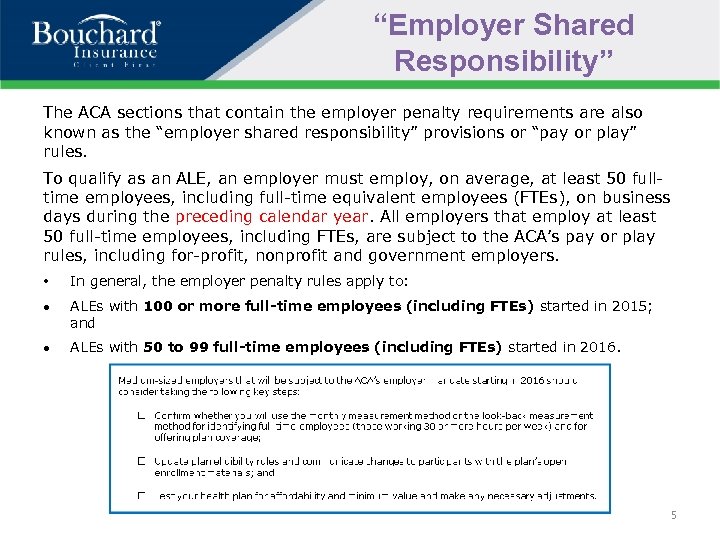 “Employer Shared Responsibility” The ACA sections that contain the employer penalty requirements are also