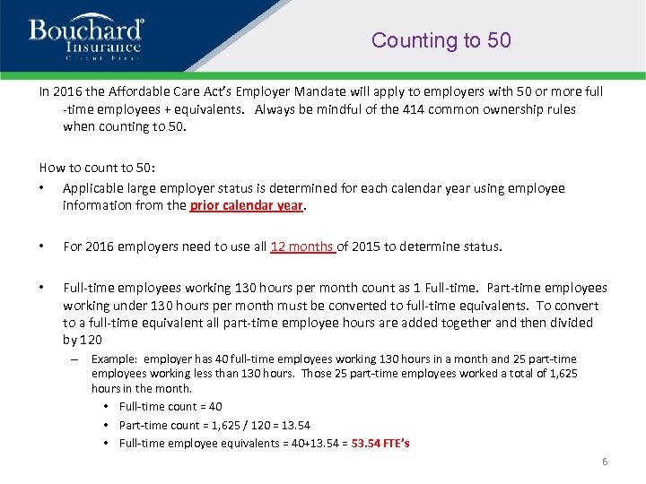 Counting to 50 In 2016 the Affordable Care Act’s Employer Mandate will apply to