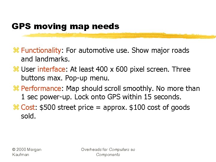 GPS moving map needs z Functionality: For automotive use. Show major roads and landmarks.