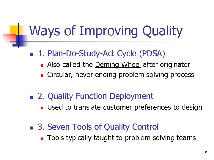Ways of Improving Quality n 1. Plan-Do-Study-Act Cycle (PDSA) n n n 2. Quality