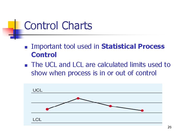 Control Charts n n Important tool used in Statistical Process Control The UCL and