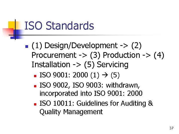 ISO Standards n (1) Design/Development -> (2) Procurement -> (3) Production -> (4) Installation