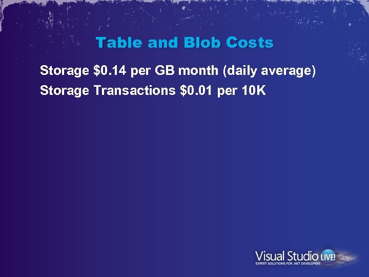 Table and Blob Costs Storage $0. 14 per GB month (daily average) Storage Transactions