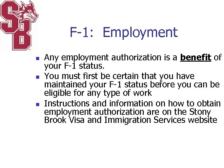 F-1: Employment n n n Any employment authorization is a benefit of your F-1