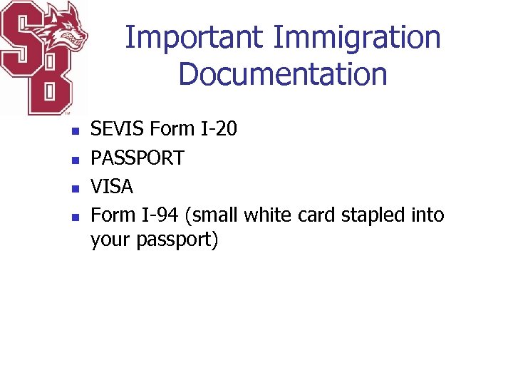 Important Immigration Documentation n n SEVIS Form I-20 PASSPORT VISA Form I-94 (small white