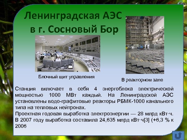 Ленинградская АЭС в г. Сосновый Бор Блочный щит управления В реакторном зале Станция включает
