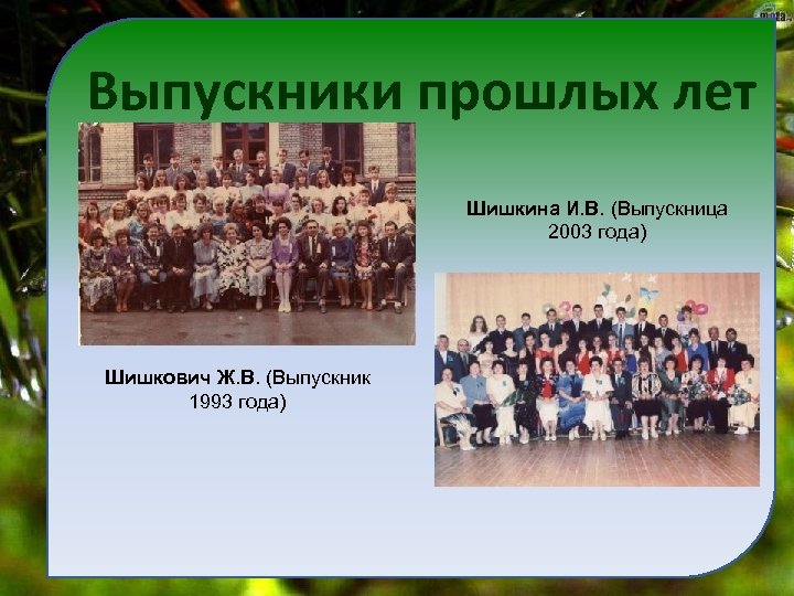 Выпускники прошлых лет Шишкина И. В. (Выпускница 2003 года) Шишкович Ж. В. (Выпускник 1993