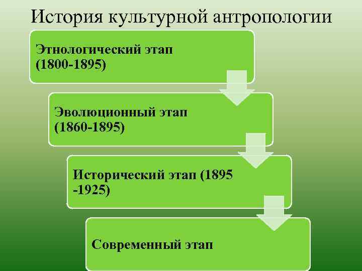 История культурной антропологии Этнологический этап (1800 -1895) Эволюционный этап (1860 -1895) Исторический этап (1895