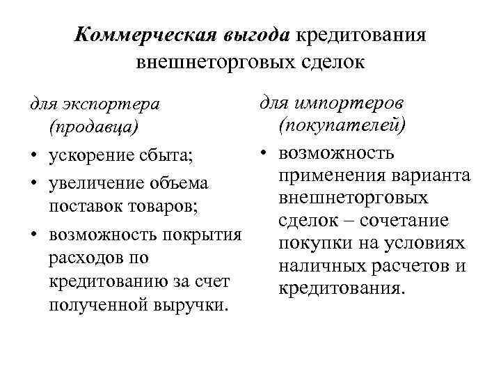 Коммерческая выгода кредитования внешнеторговых сделок для импортеров для экспортера (покупателей) (продавца) • возможность •