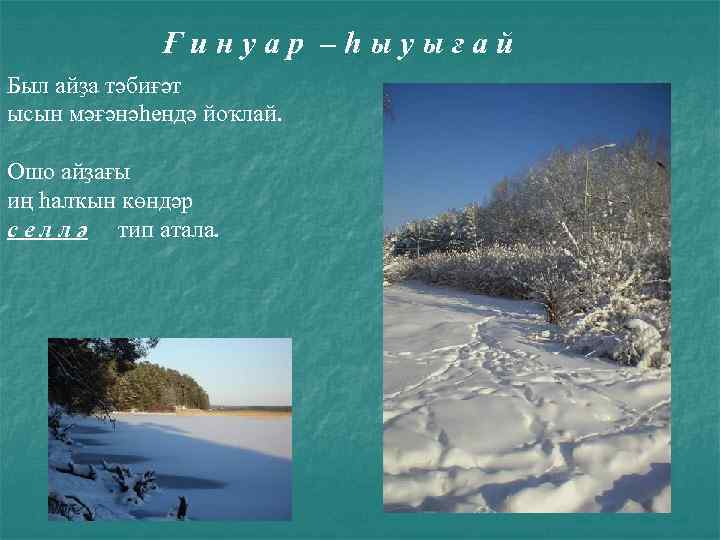 Ғинуар –һыуығай Был айҙа тәбиғәт ысын мәғәнәһендә йоҡлай. Ошо айҙағы иң һалҡын көндәр с
